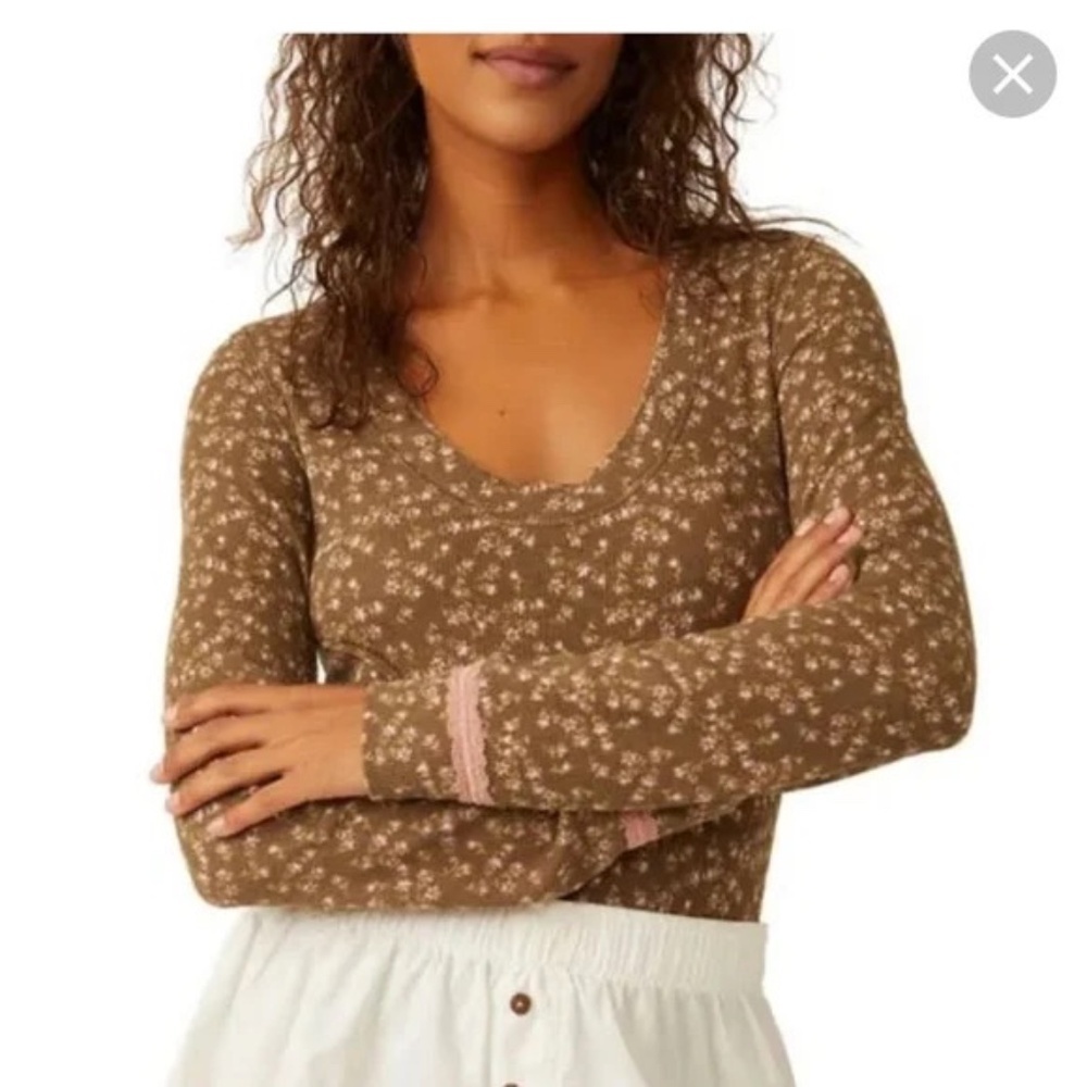 Free People Intimately Floral Thermal Bodysuit Brown Pink Lace Trim XL OB1345447